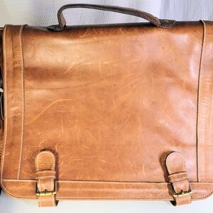 Classic Tan Leather Briefcase with Double Buckle Closure
